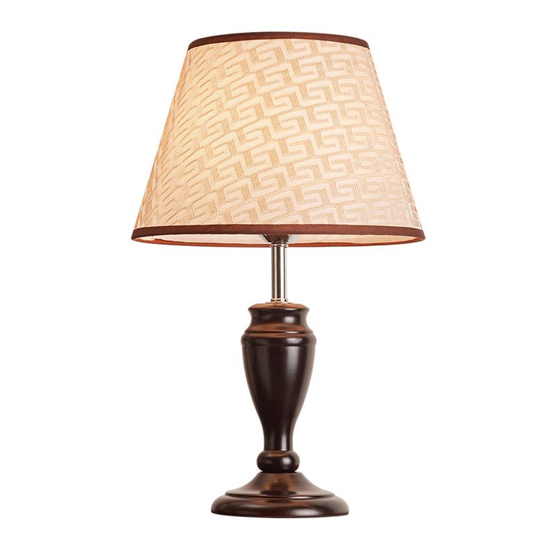 Brown 1 Head Table Light Rural Fabric Tapered Shade Nightstand Lamp with Flower/Slash/Geometric Pattern