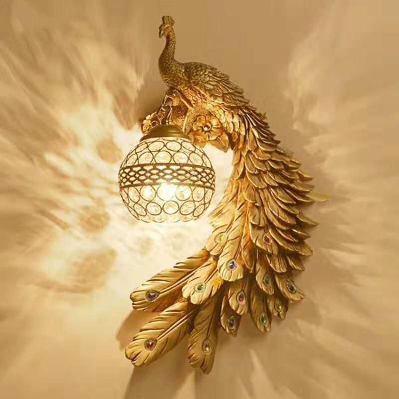 Resin Wall Light Sconce Peacock 1 Light Traditional Wall Mount Lamp with Globe Crystal Embedded Shade