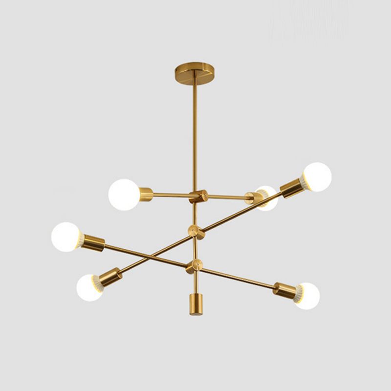 Gold Tiered Rod Adjustable Semi Flush Postmodernism 6-Light Iron Ceiling Mount Light with Open Bulb Design