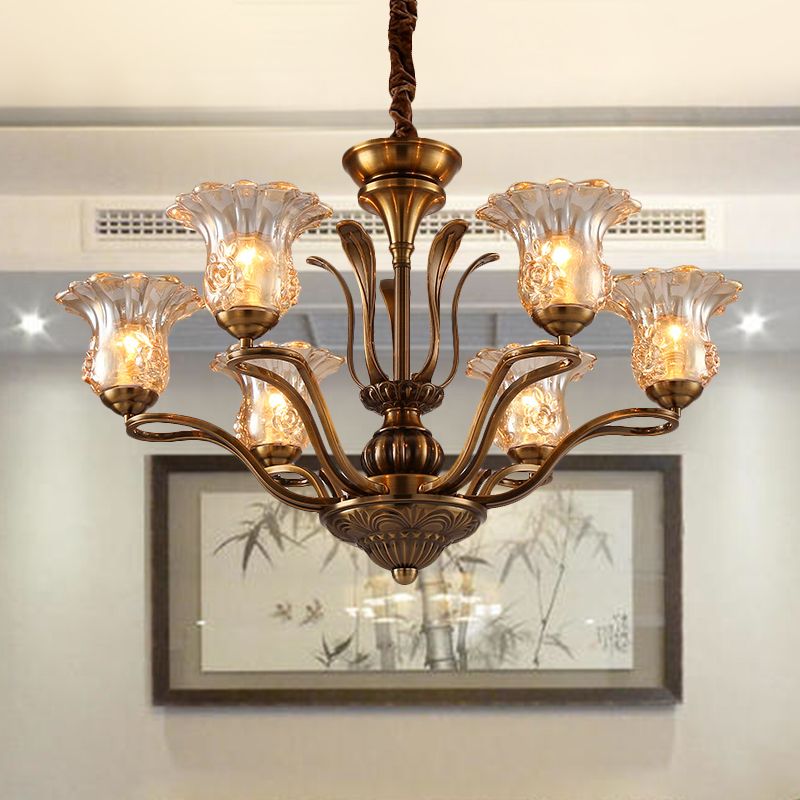 Pendre en verre transparent à fleur Chandelier rural 3/6/8 têtes salon suspendu plafonnier plafonnier en laiton avec conception ramifiée