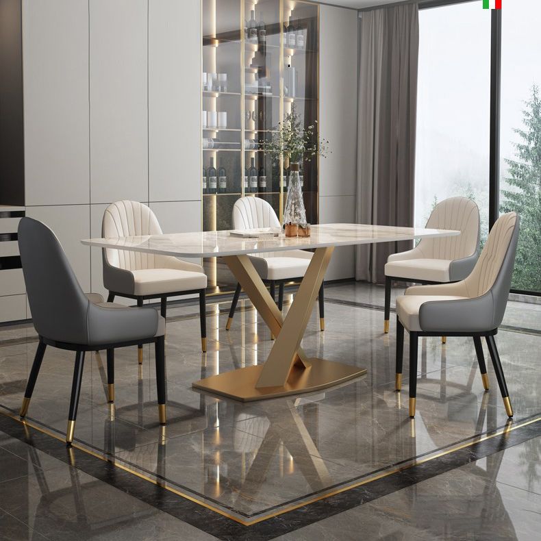 Modern Style Sintered Stone Dining Table with White Table and Gold Trestle Base for Home Use
