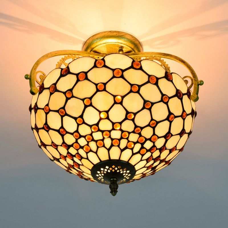 Corte de vidrio de vidrio beige semi descarga de techo de montaje con cuentas 2 luces tiffany elegante techo