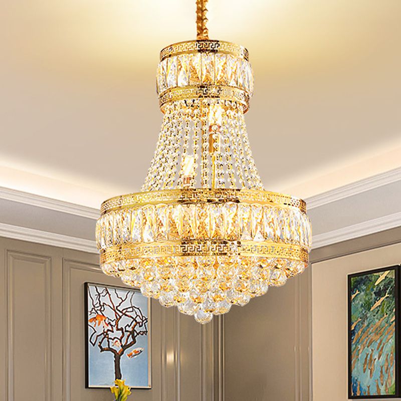 Crystal Basket Shaped Chandelier Vintage 8-Bulb Parlor Hanging Ceiling Light in Gold
