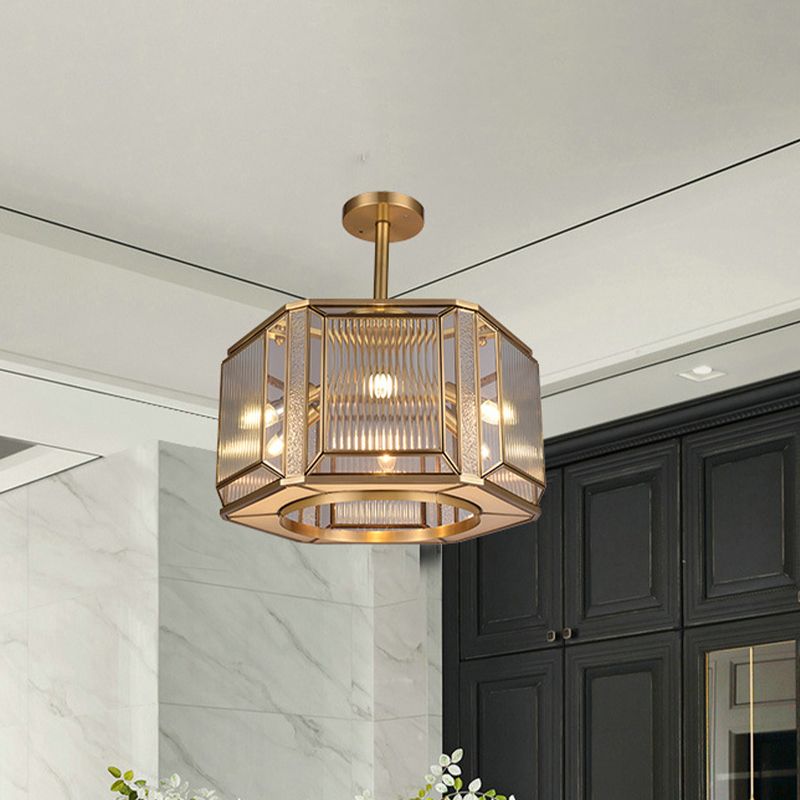 6-Head Hexagon Semi Mount Lighting Colonialism Gold Clear Prismatic Glass Flush Light