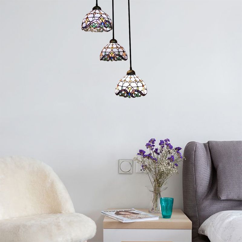 Victorian Dome Pendant Light Stained Glass 3 Heads Linear/Round Hanging Light in White/Blue for Dining Room
