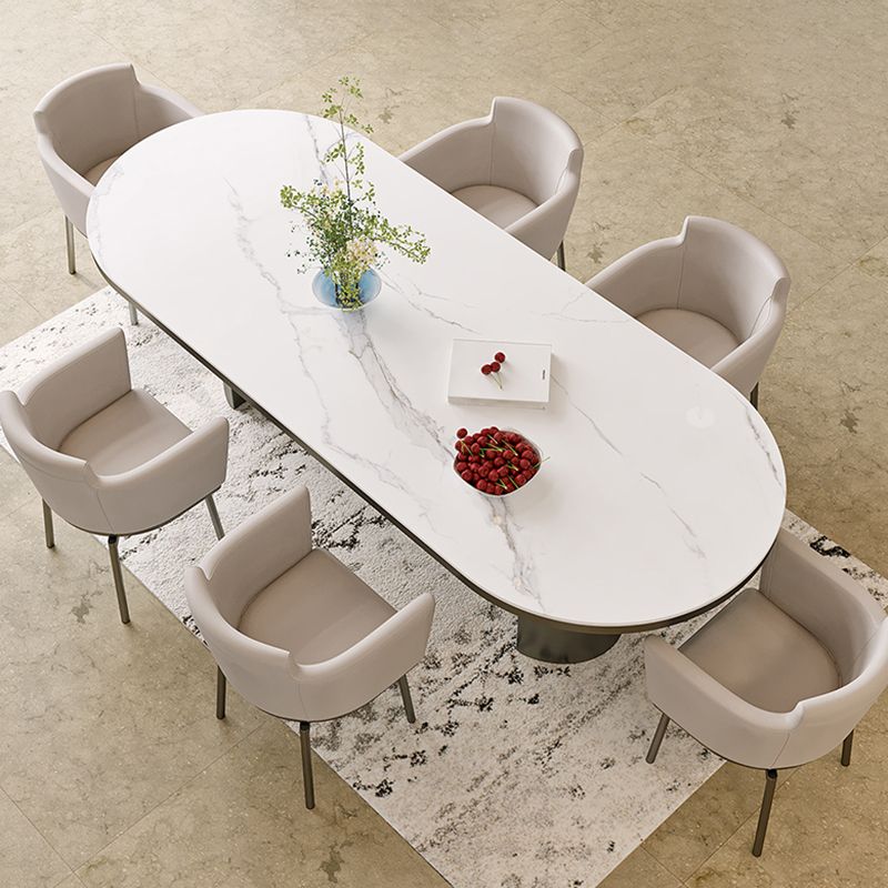 Oval Sintered Stone Dining Table Modern Table in White with Double Pedestal