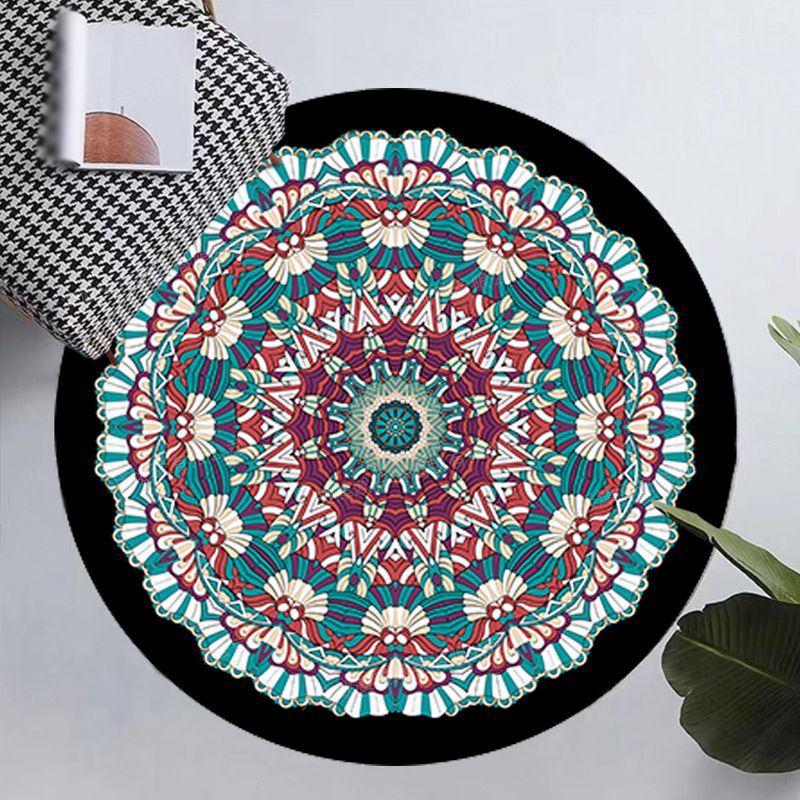 Round Moroccan Indoor Rug Polyester Floral Print Carpet Non-Slip Backing Rug for Home Decoration