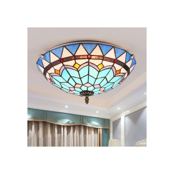 12"/16"/19.5" W Stained Glass Bowl Flush Mount Ceiling Light Lodge 1/2/4 Light Flush Mount Light in Blue/Light Blue for Living Room