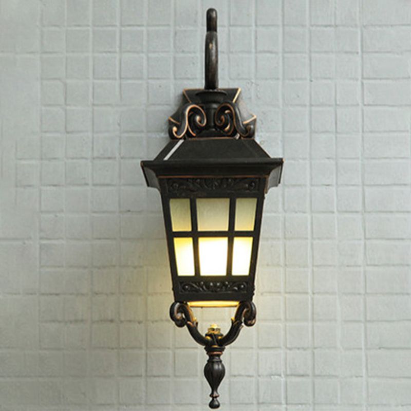 Vintage Lantern Sconce Light Single Frosted White Glass Outdoor Wall Mount with Scroll Arm in Black