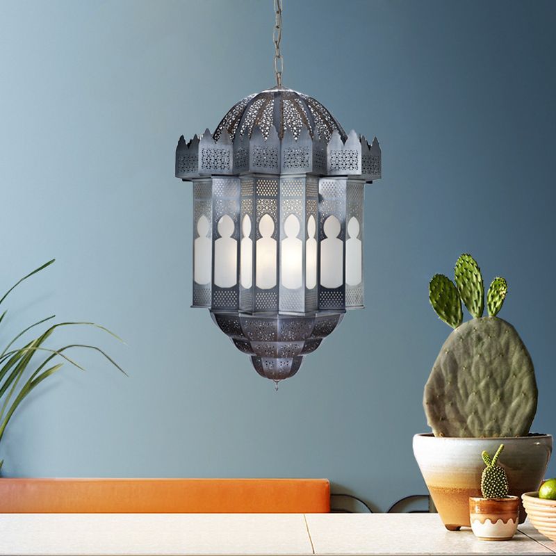 6 Heads Lantern Ceiling Chandelier Art Deco Grey Finish Metallic Hanging Pendant Light