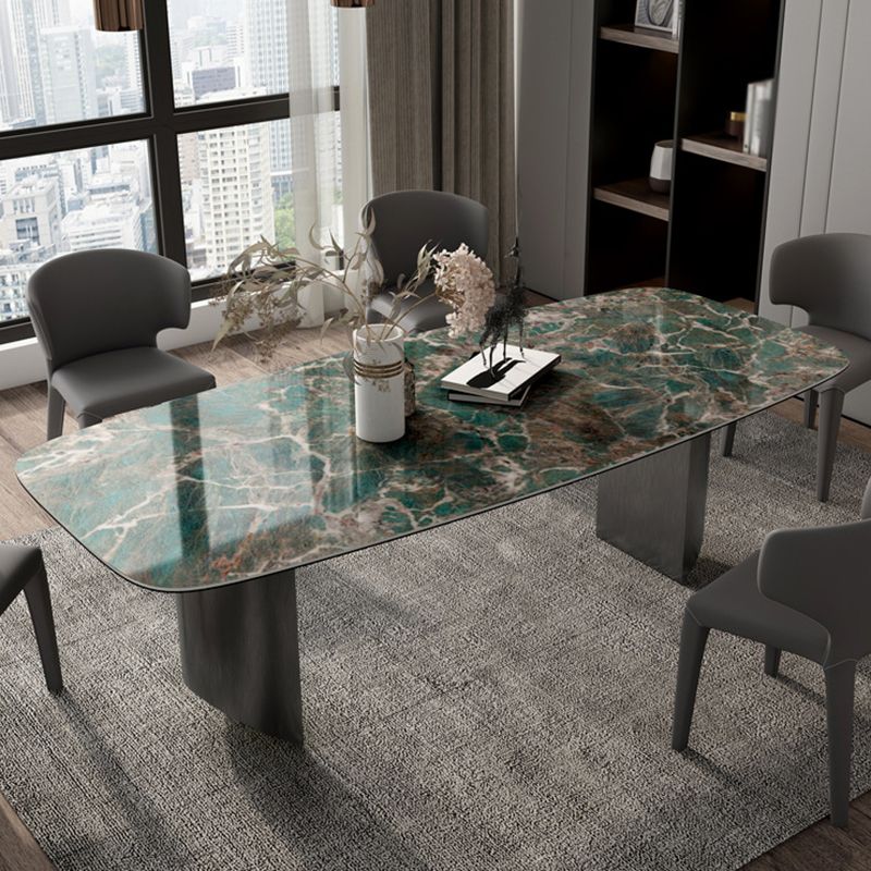 Sintered Stone Modern Rectangle Dining Table Green Stone Top Table with Metal Double Pedestal