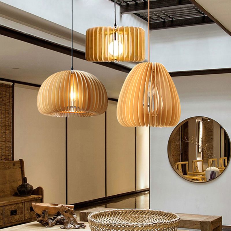 Beige Wood Slatted Hanging Light Chinese Style 1 Light  Restaurant Ceiling Pendant Lamp