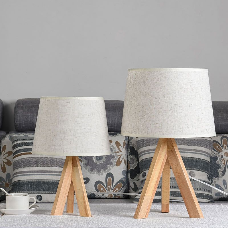 Tapered Table Lighting Simplicity Fabric 1��Bulb Bedside Nightstand Lamp with Wooden Tripod in White
