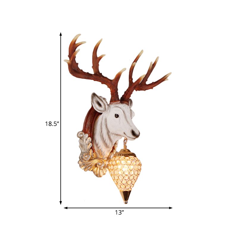 13"/26" W Single Resin Wall Light Fixture Country White/Yellow/Gold Deer Head Living Room Sconce Lamp with Teardrop Crystal Shade