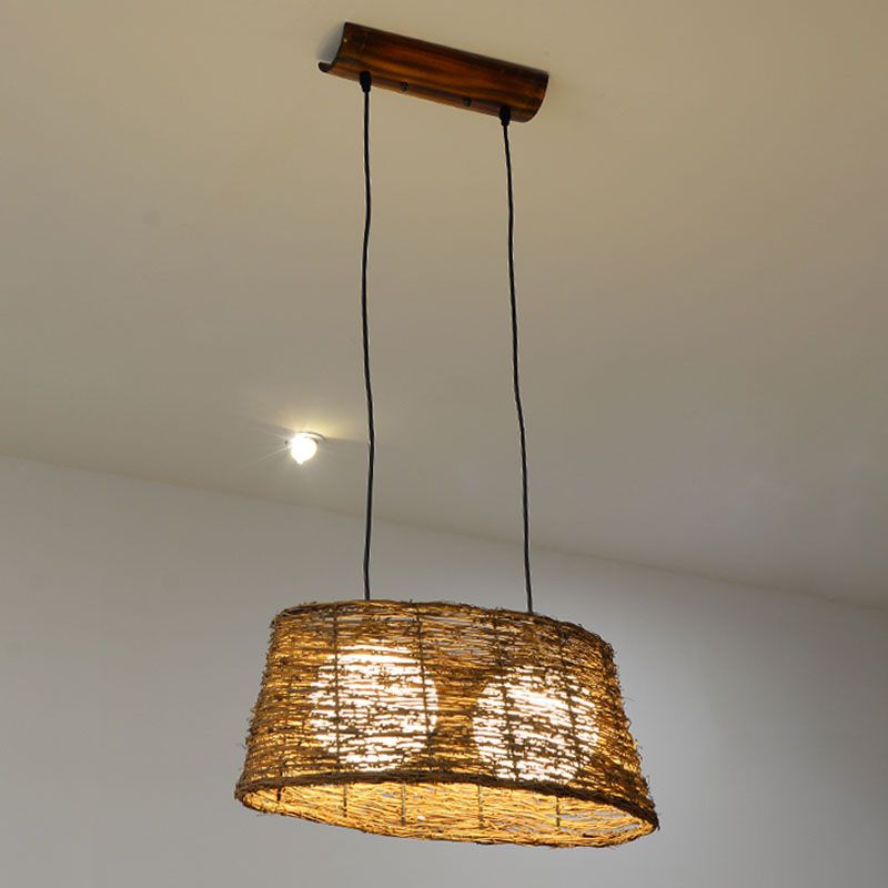 Rattan Oval Ceiling Hang Light Countryside 1 Head Wood Drop Pendant for Restaurant