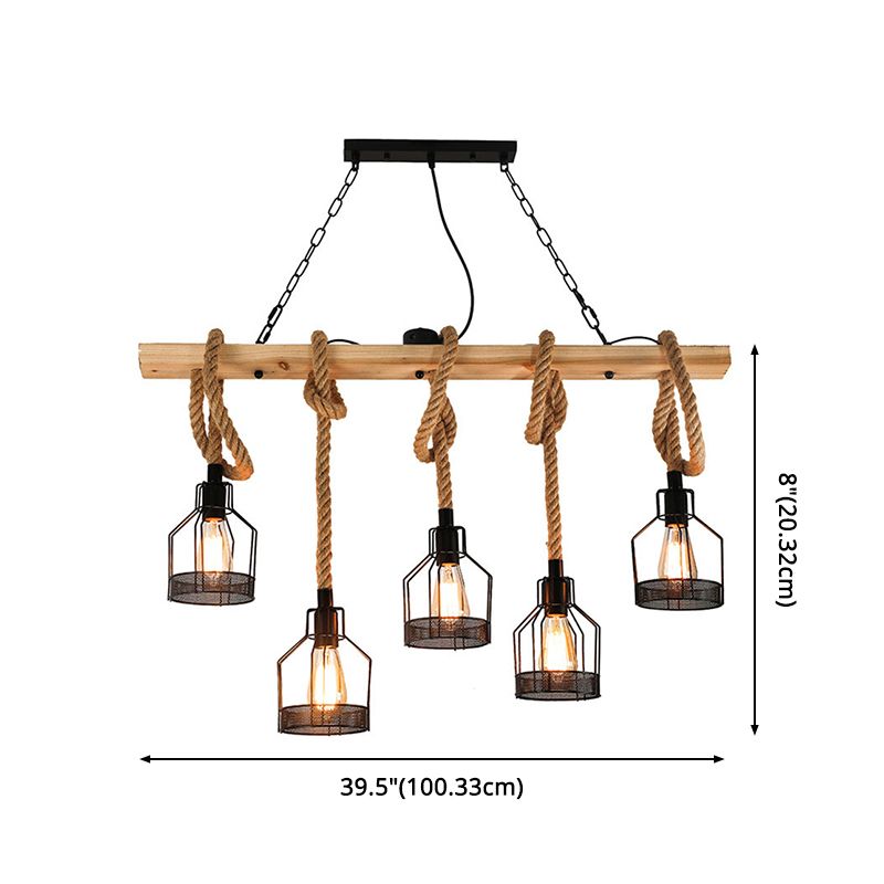 Vintage Hemp Rope Chandelier Indsutrial Retro Linear Wood Pendant with Wire Cage for Restaurant