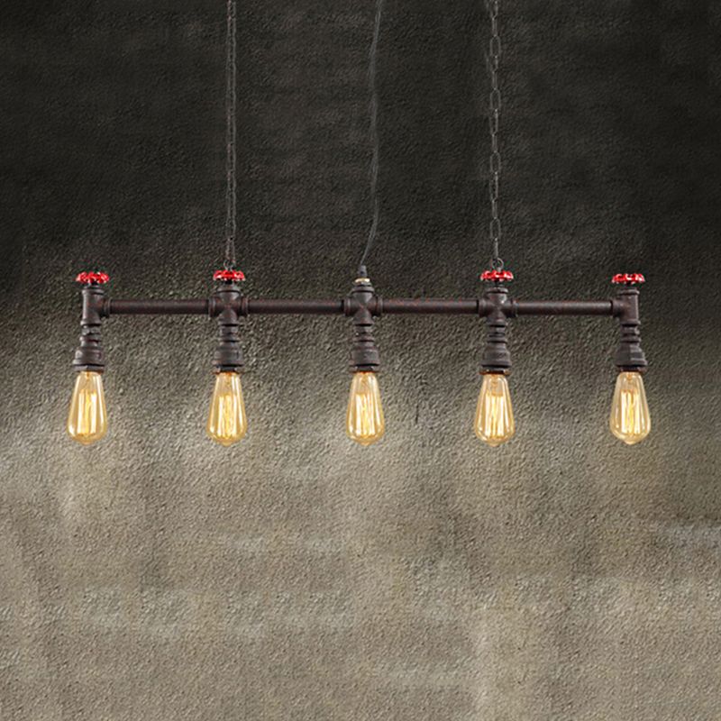 Iron Bare Bulb Island Lighting Industrial 5-Head Dining Room Adjustable Ceiling Light Fixture with Pipe and Valve