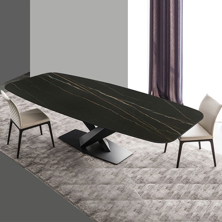 Sintered Stone Rectangle Dining Table Industrial Black Kitchen Table with Pedestal Base