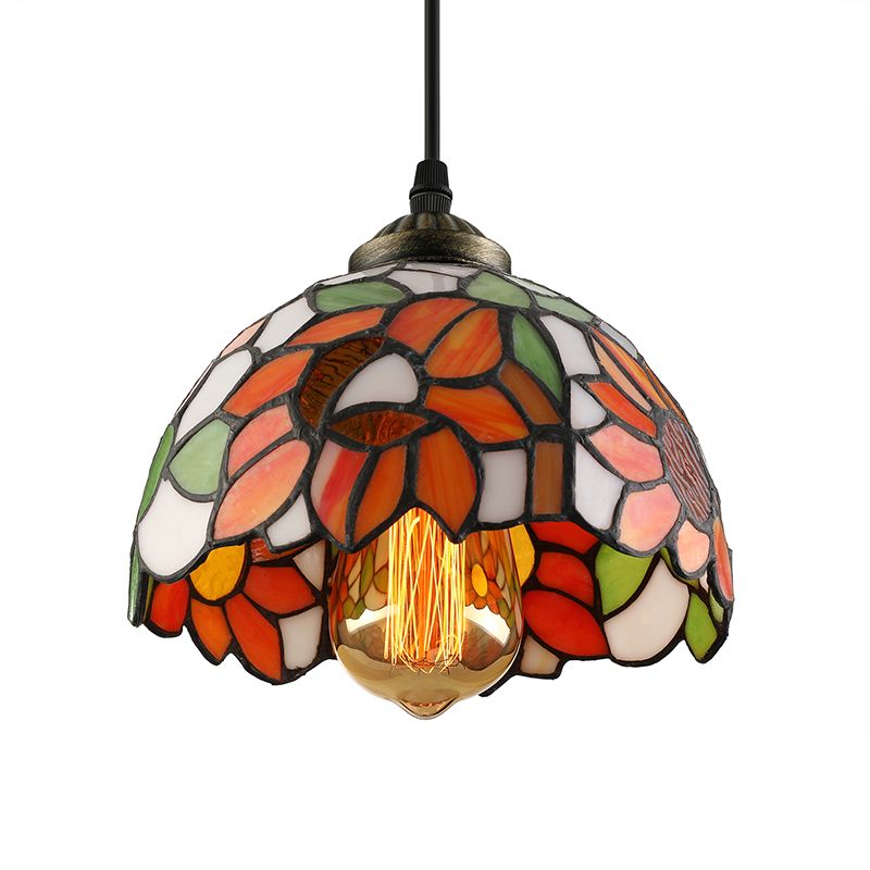 Tiffany-Style Hemisphere Pendant Lamp 1 Bulb Red/Orange/Orange-Green Stained Art Glass Ceiling Hanging Light