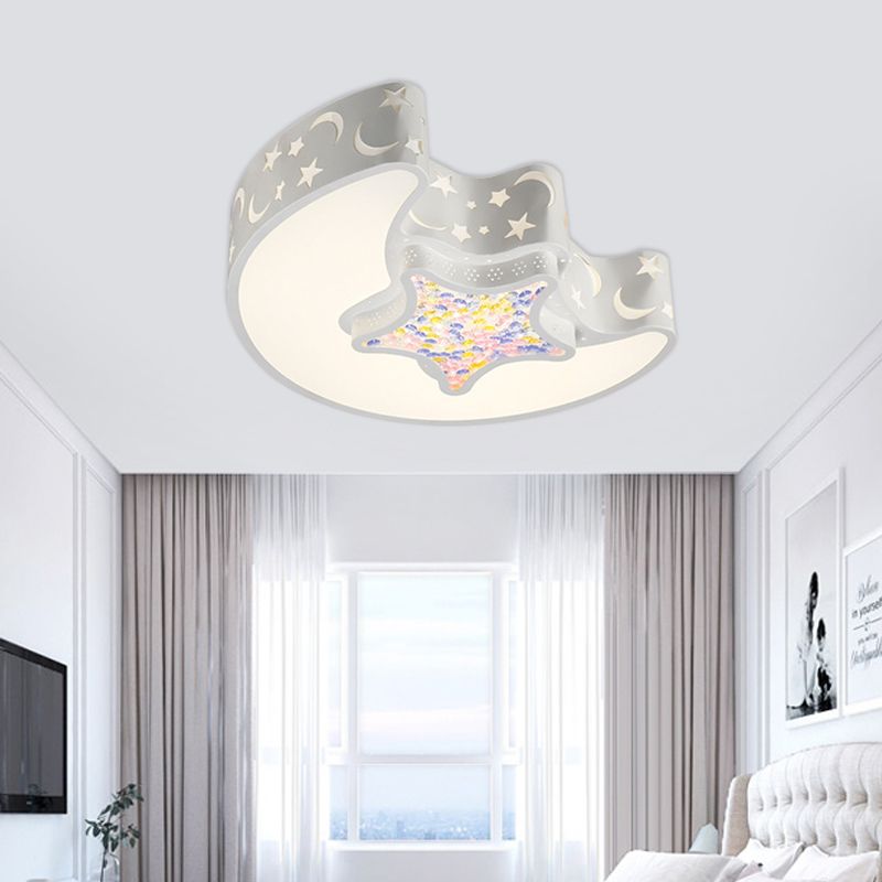 Moon and Star Ceiling Mounted Fixture Contemporary Acrylic White/Pink/Blue LED Flush Pendant Light for Bedroom
