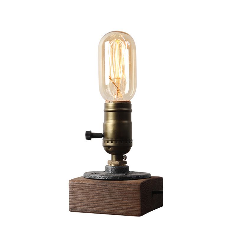 1-Light Distressed Brass Table Lamp Industrial Shadeless Metal Night Lamp with Wooden Base