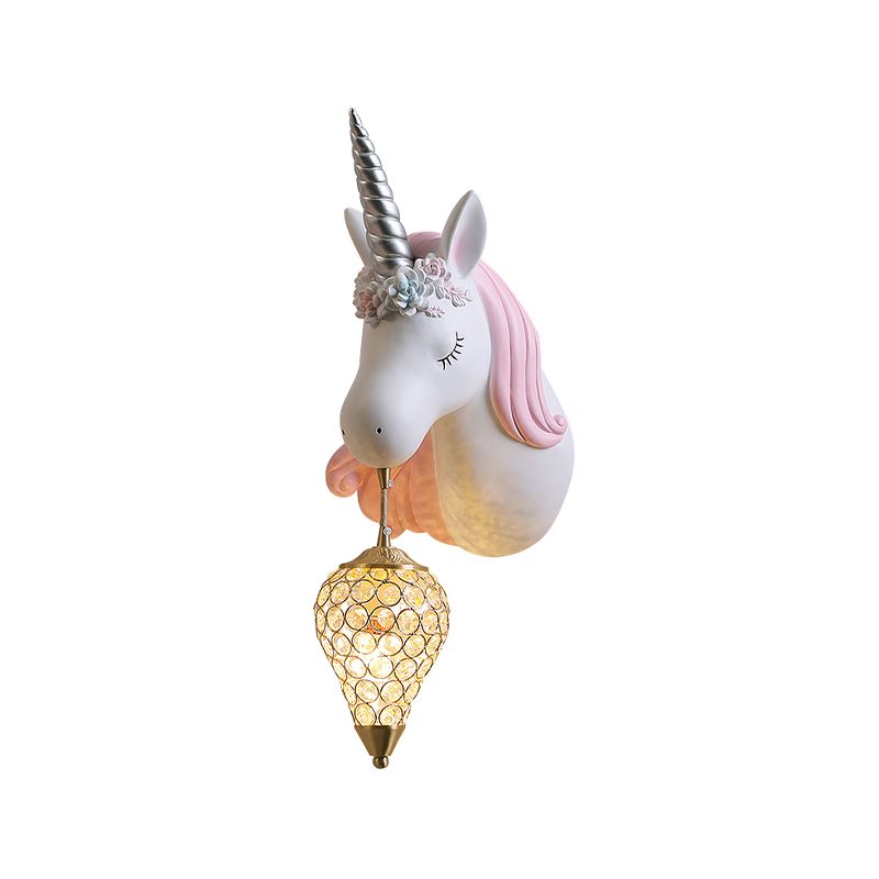 Blue/Pink Teardrop Wall Light Sconce Cartoon 1 Head Crystal Wall Mount Lamp with Unicorn Backplate, Right/Left