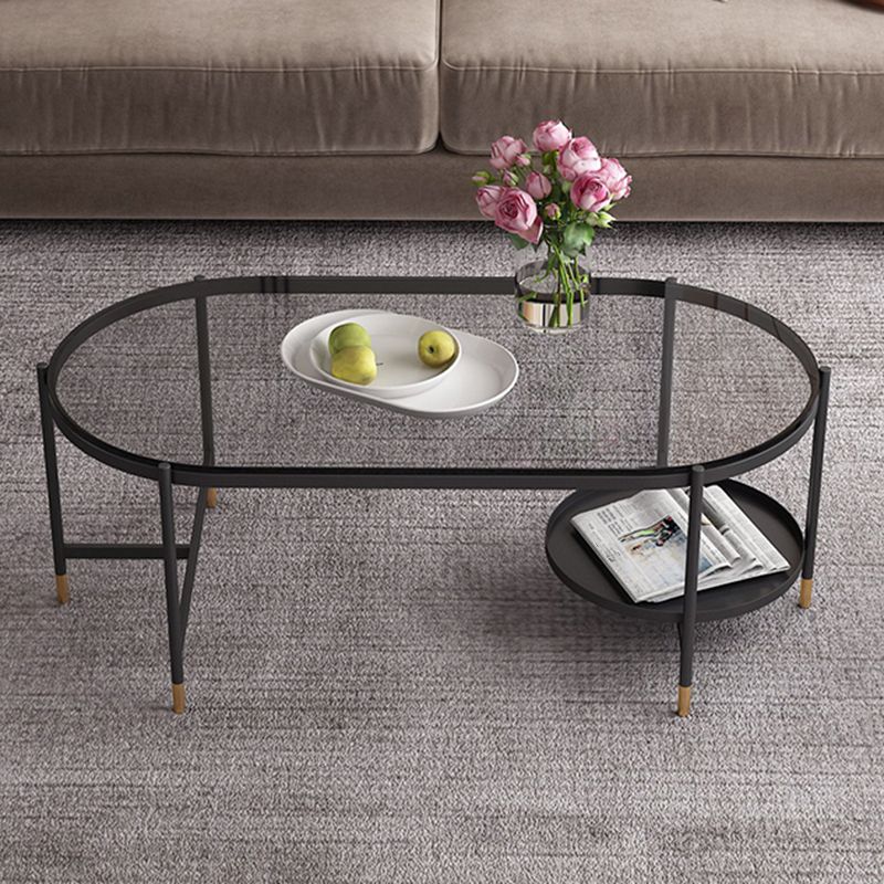 Contemporary Elliptical Glass & Slate Coffee Cocktail Table with Storage Shelf