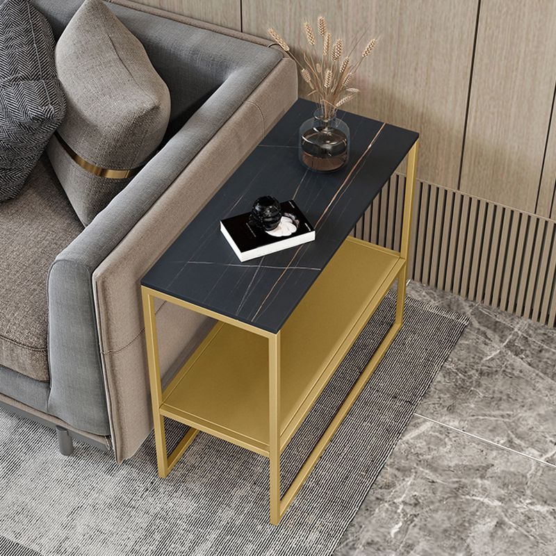 21.6" Tall Iron Sled Base End Table Rectangular Slate Top Side Table with Shelf