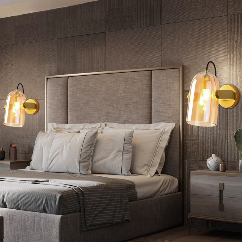 Retro Style Cloche Sconce Light 1 Bulb Amber/Blue/Smoke Gray Glass Bedroom Wall Mounted Lamp Kit in Brass Finish