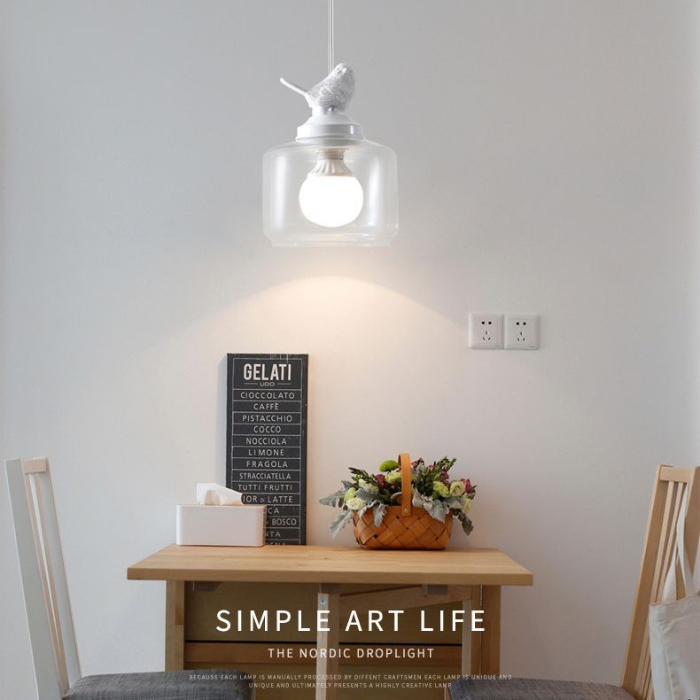 Jar-shaped Transparent Glass Hanging Light Nordic Simplicity Bedroom Lighting Pendant with Resin Bird Decoration