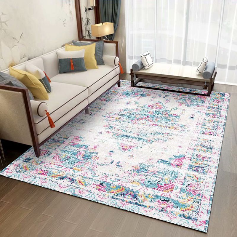 Shabby Chic Area Rug Whitewashed Medallion Pattern Rug Anti-Slip Backing Carpet for Living Room
