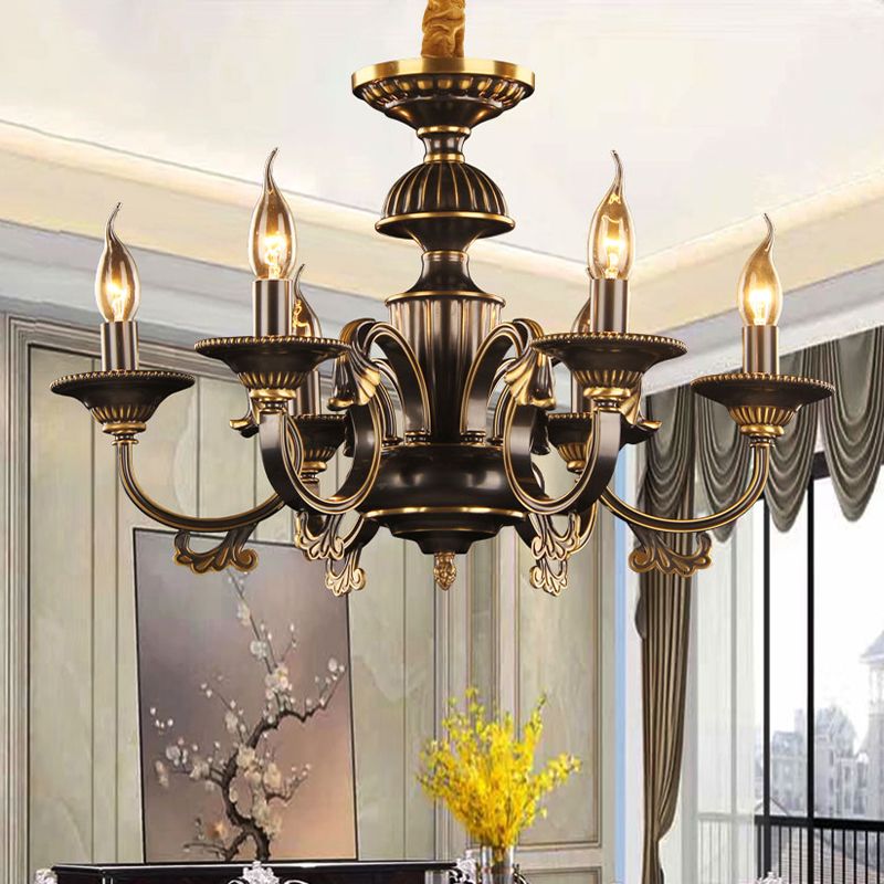 6 Heads Metal Pendant Chandelier Rustic Black and Gold Candle Living Room Ceiling Lamp Fixture