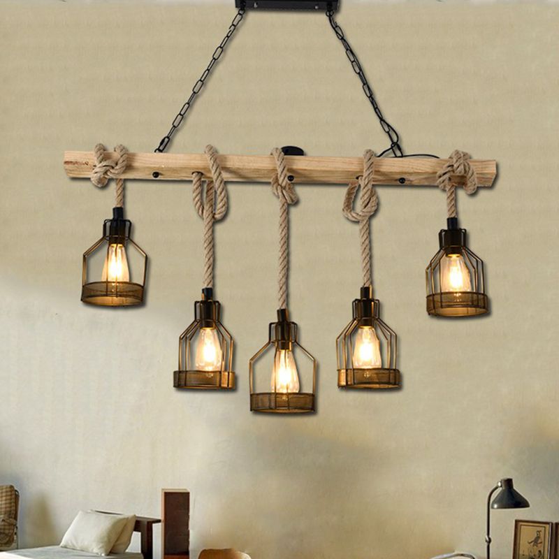 Industrial Wood Pendant Light Linear Shape Island Light with Metal Shade for Bar Counter