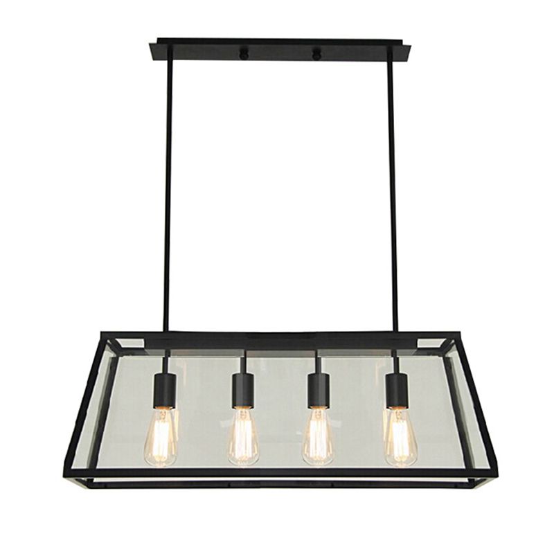 Industrial Glass Island Light Black 4 Lights Island Pendant for Restaurant