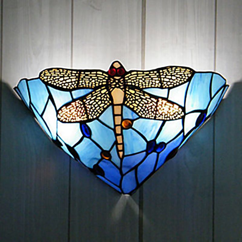 Cone Cut Glass Wall Mount Sconce Tiffany 1 Head Dragonfly Patterned Wall Hanging Light