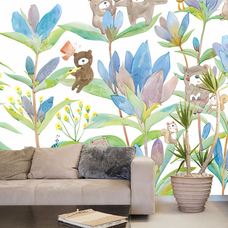 Bear in Flowers Wall Murals Childrens Art Waterproof Baby Room Wall Decor, Custom Size Available