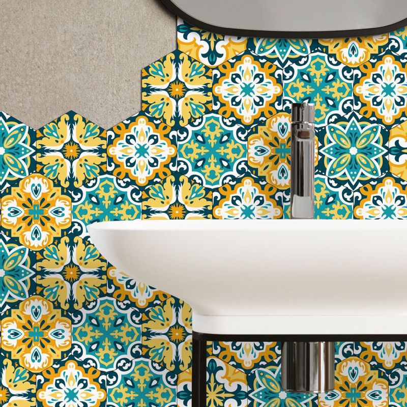 Ethnic Flowers Stick On Wallpaper Panels for Living Room, Yellow-Green, 9' L x 8" W