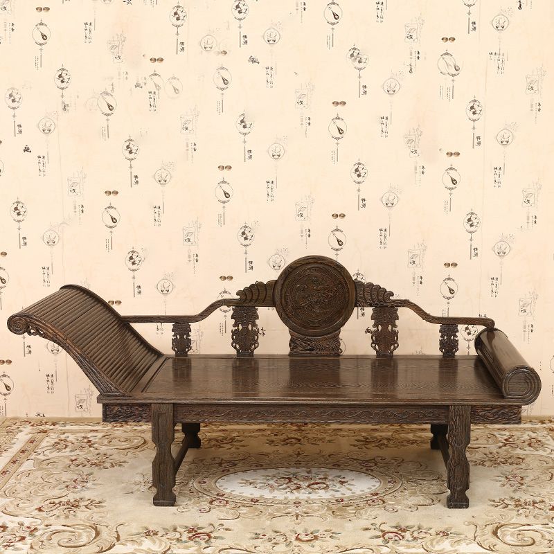 Traditional Espresso Solid Wood Chaise Lounge Couch with Round Arms