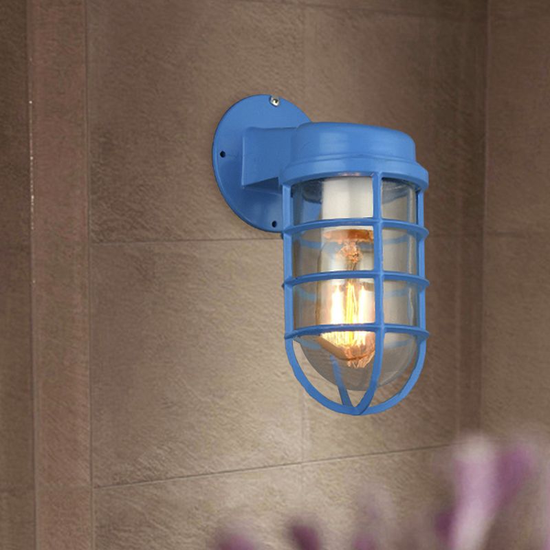 1 Bulb Metal Caged Wall Mounted Light Fixture Coastal Red/Blue Clear Glass Lighting for Outdoor
