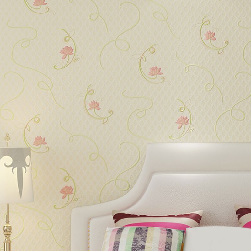 Rural Flower Lotus Wallpaper Roll Soft Color Stain Resistant Wall Art for Bedroom