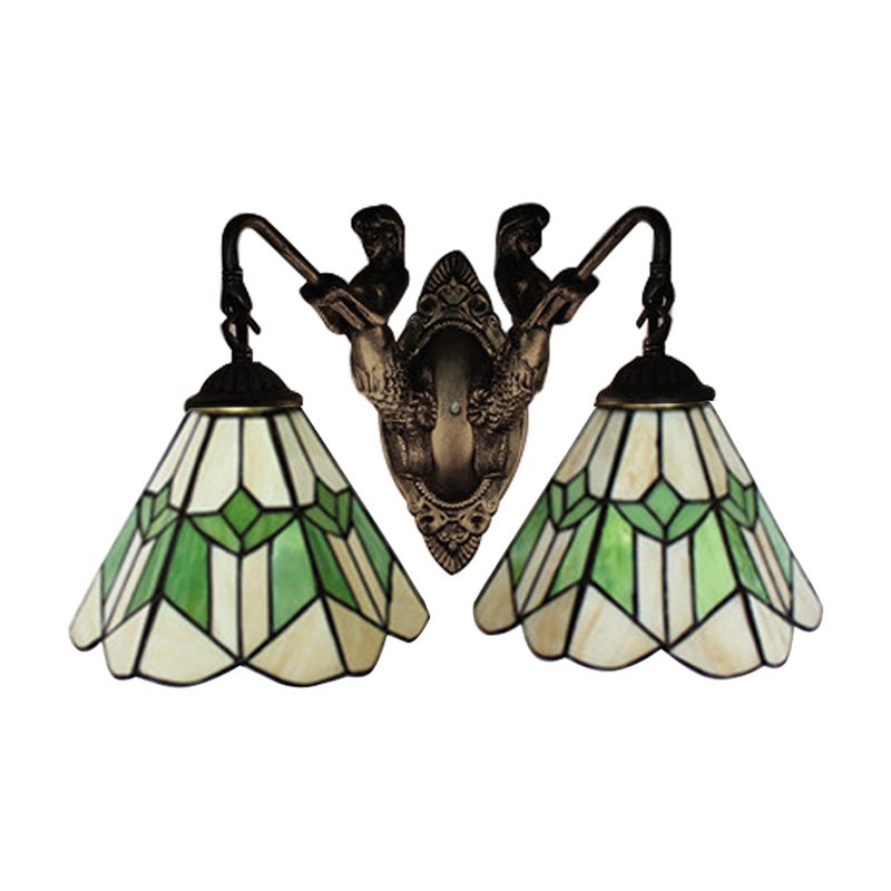 Conical Wall Light Fixture Tiffany Green and White Glass 2 Heads Aged Brass Sconce Light