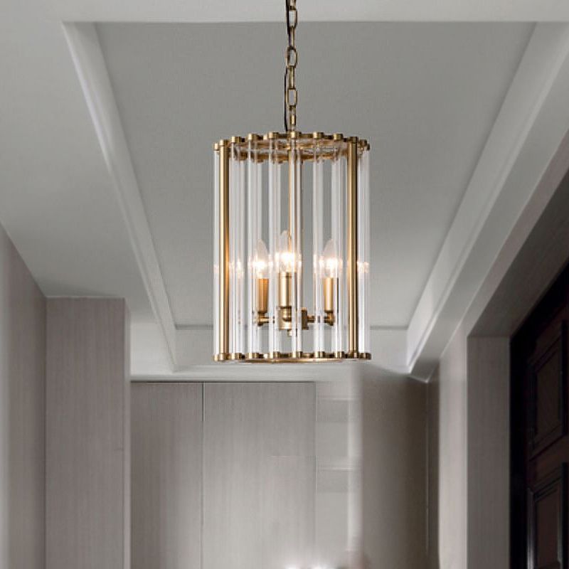 Cylindrical Clear Glass Pendant Chandelier Colonial 3 Bulbs Corridor Hanging Light
