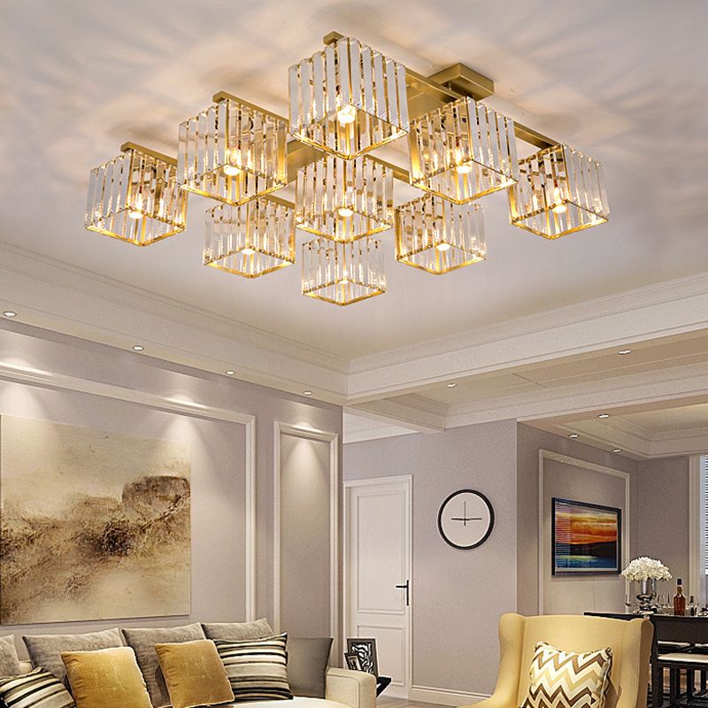 Accesorio de techo para sala de estar, barra de cristal de tres lados, cuadrado moderno, semiempotrado, 4/6/9 luces, en dorado/negro