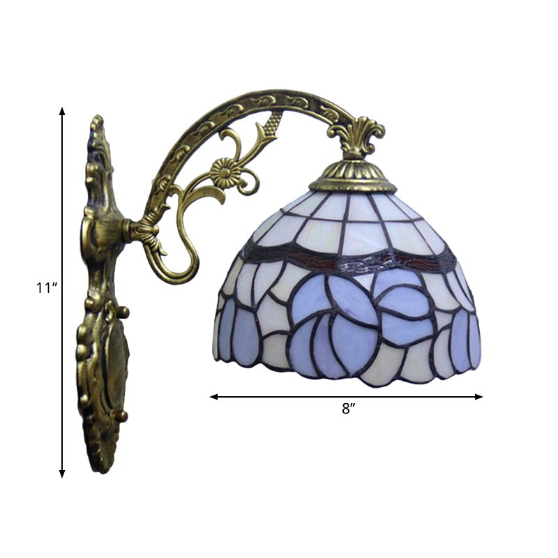 1 Light Bowl Wall Lamp Sconce Tiffany Style Blue Stained Art Glass Wall Lighting with Arched Arm