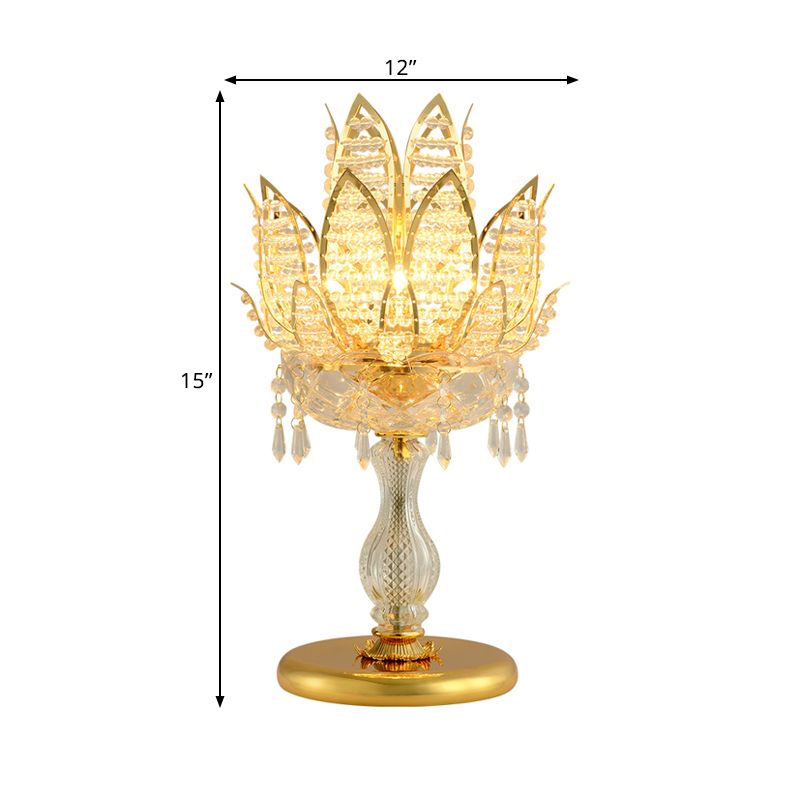 1 Bulb Table Light Mid-Century Lotus Clear Crystal Bedroom Nightstand Lamp with Gold Base