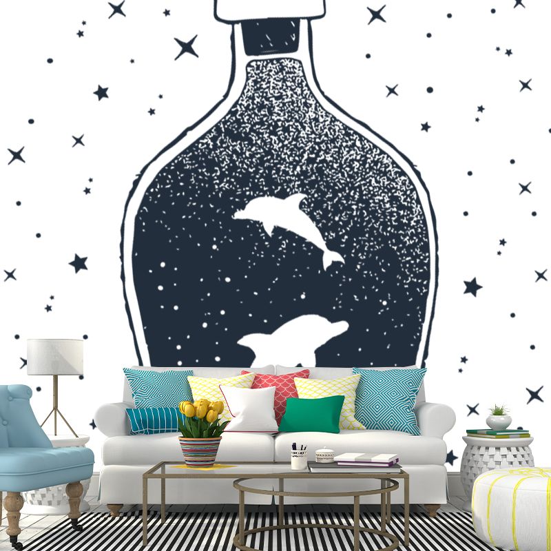Whole Constellation Wallpaper Mural for Home Whale Inside Bottle Wall Art in Black-White, Washable