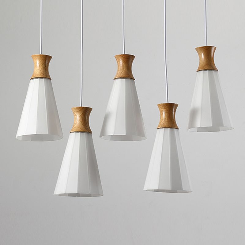 Moderne künstlerische geometrische hängende helle hölzerne Innenlampe mit weißem Glasschatten