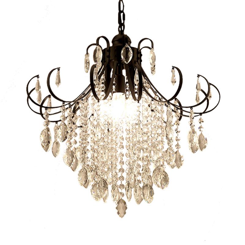 Glam Teardrop Pendant Light Metal Curved Arm Cascading Crystal Strands Chandelier