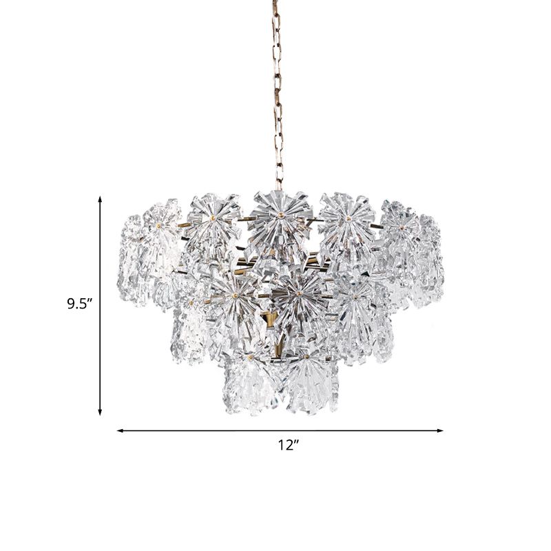 3 Tiers Snowflake Crystal Drop Lamp Modern 4/7 Bulbs 12"/17" Wide Dining Room Ceiling Chandelier in Gold