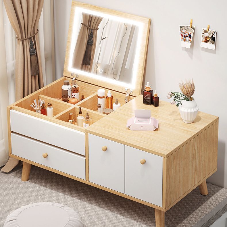 Contemporary Natural Bedroom Solid Wood Mirror With Drawer Makeup Vanity Set